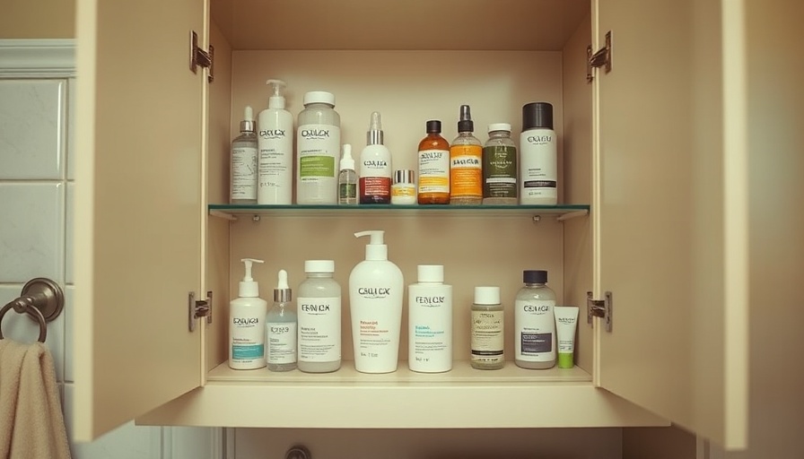 Rosacea-friendly skincare products in bathroom cabinet.