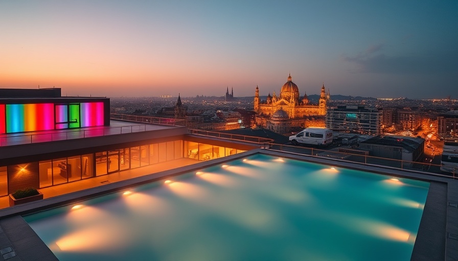 Urban Bathhouse Renaissance: illuminated rooftop bathhouse at twilight.