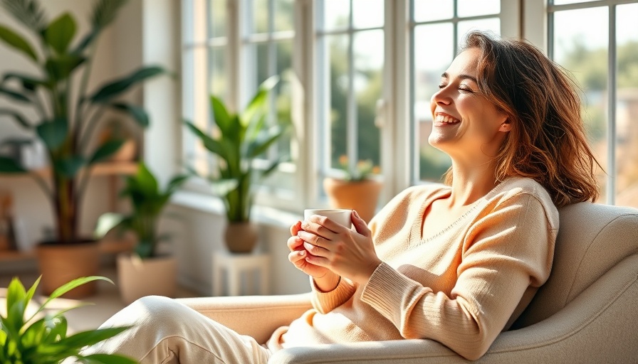Relaxed woman enjoying sunlight in cozy living room, color analysis.