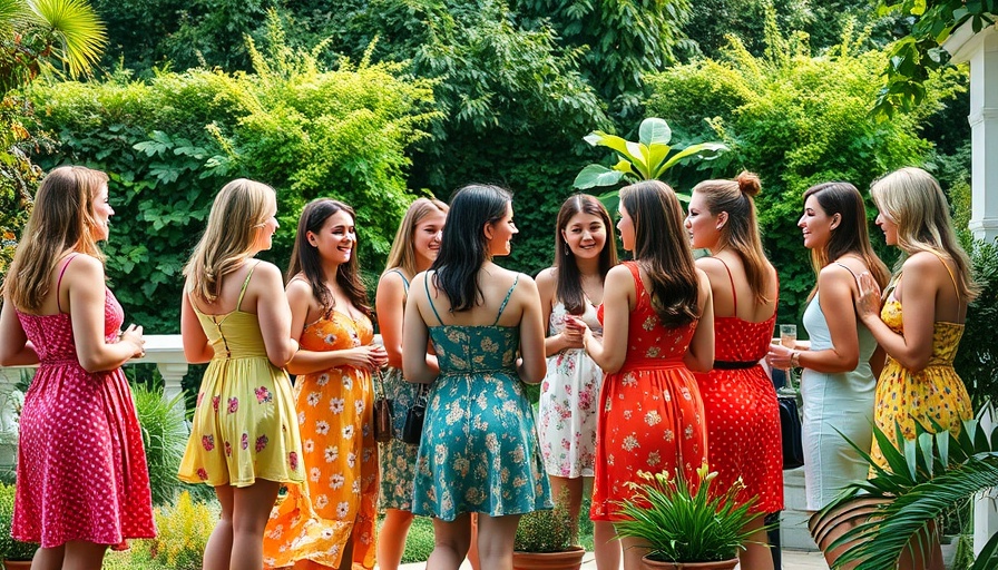 Friends having a lively garden gathering wearing colorful dresses.