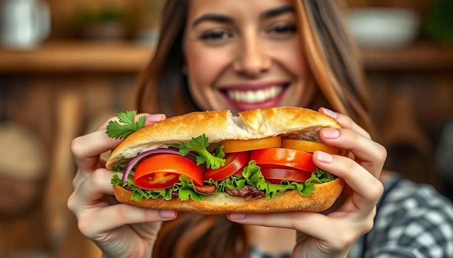 Healthy airport snacks close-up of a woman's hands holding a colorful sandwich.