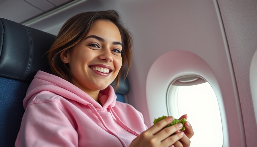 Traveler enjoys plant-based snack on airplane, Plant-Based Travel.