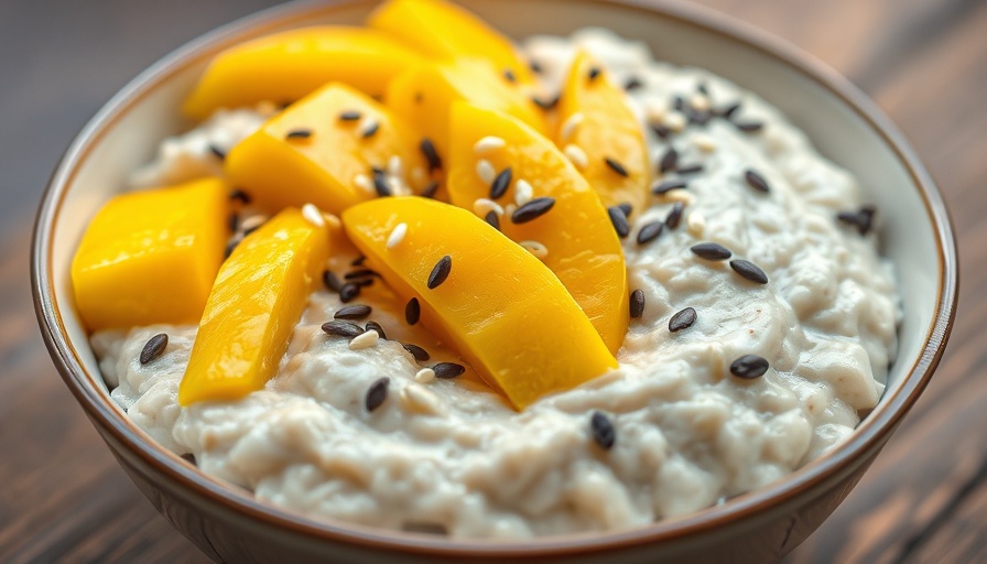Mango sticky oatmeal with sliced mango and seeds in a bowl.