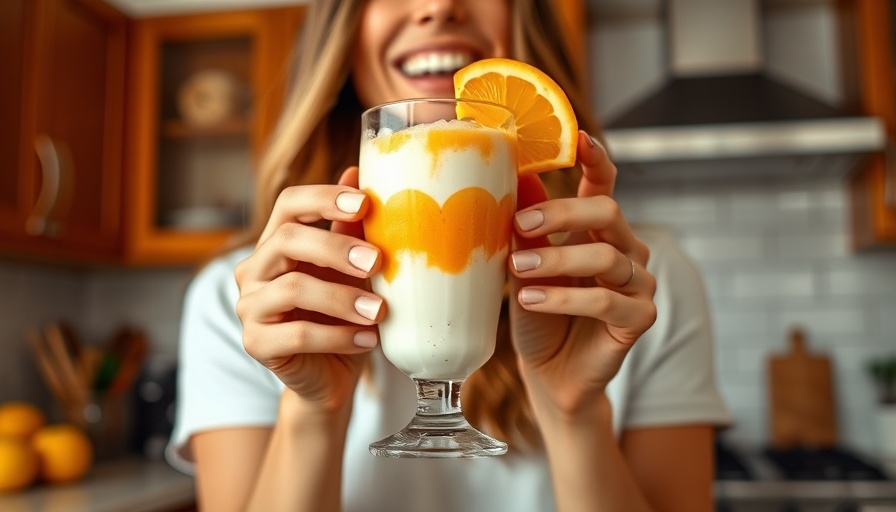 Woman with orangesicle-inspired smoothie in a clear glass.