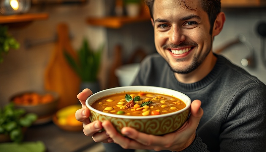 Delicious split pea soup recipe held by person in kitchen.