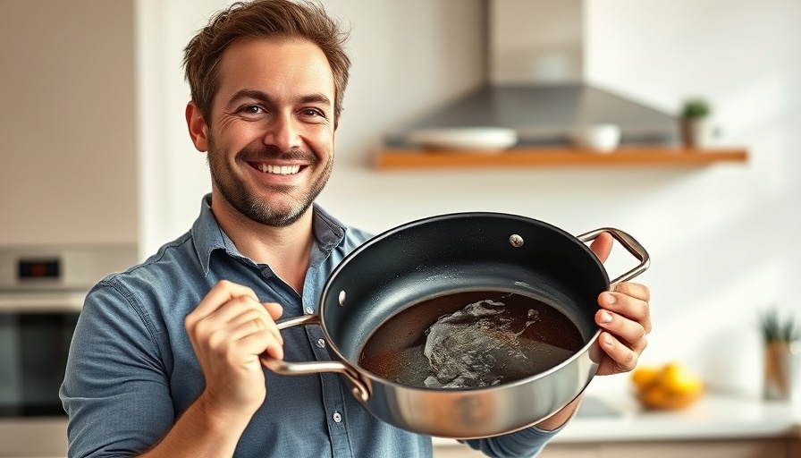 Man demonstrates 2min cleaning method with pan in kitchen.