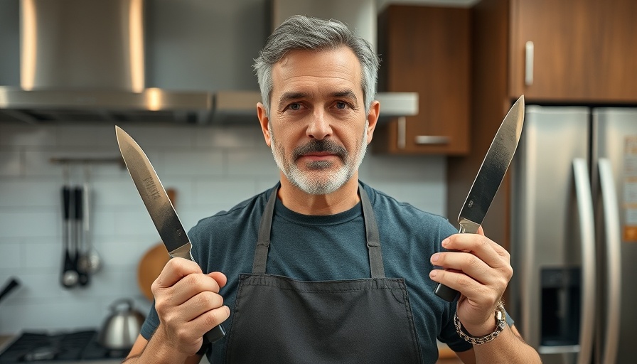 Confident man in modern kitchen holding knives, focus on cutting board care tips.