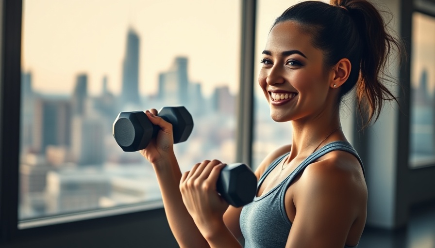 Dumbbell upper body workout with woman exercising in city apartment.