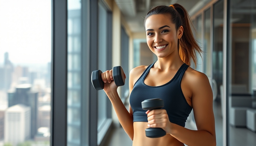 Fit woman prepares for 20min LEGS & GLUTES focused workout against cityscape backdrop.