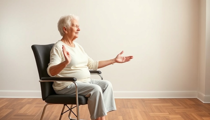 Elderly woman practicing chair yoga, showcasing gentle seated moves.
