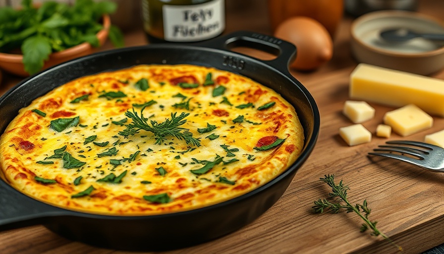 Super Greens Frittata Recipe cooked in cast iron skillet on wooden surface.