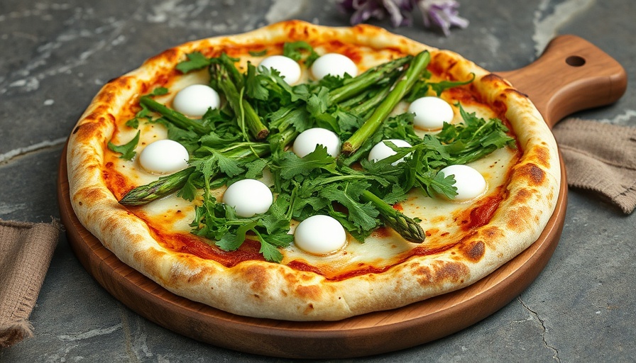 Gourmet asparagus pizza on wooden board with cheese and arugula.