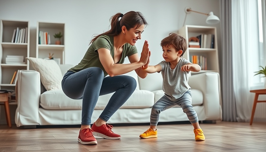 Mother and child exercising in a living room, emphasizing movement's role in aging.