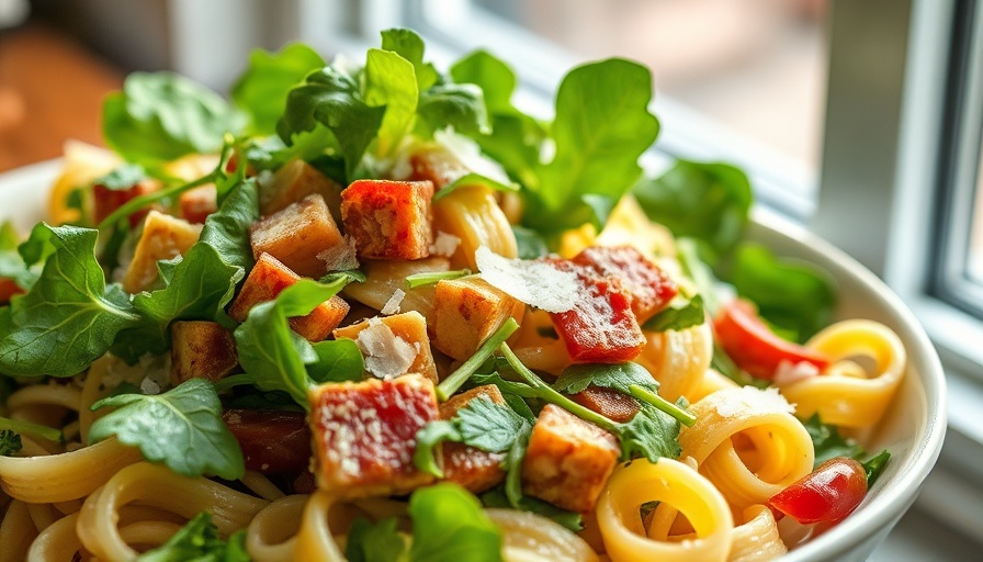 Delicious tofu bacon and spring greens pasta salad near window