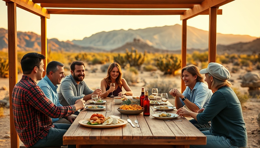 Friends dining outdoors in desert, dinner party atmosphere.