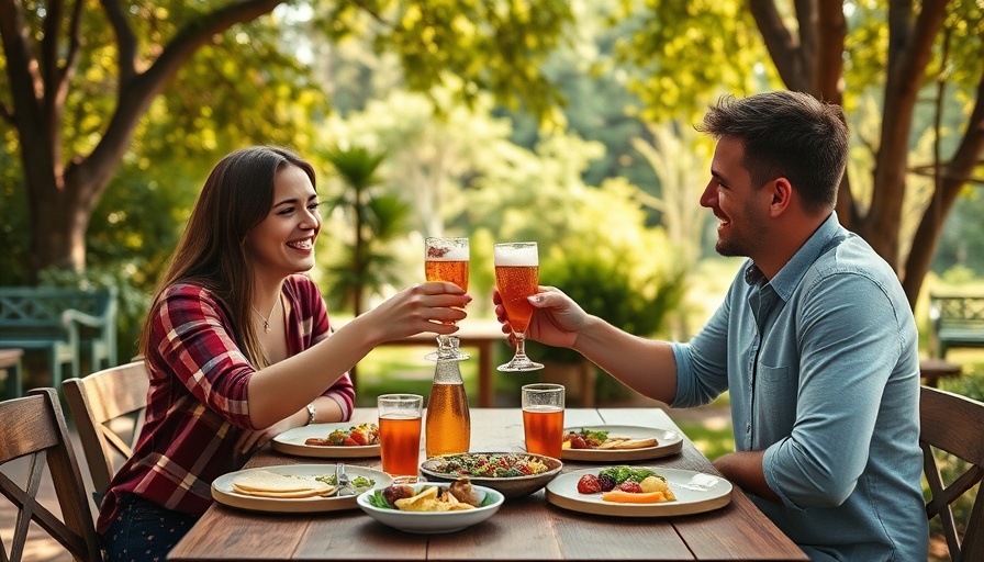 Young couple toasting at outdoor meal, enjoying each other's company.