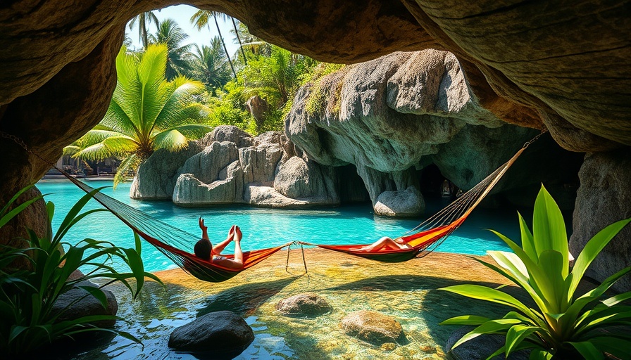 Exotic Playa del Carmen resort scene with hammocks and lagoon.