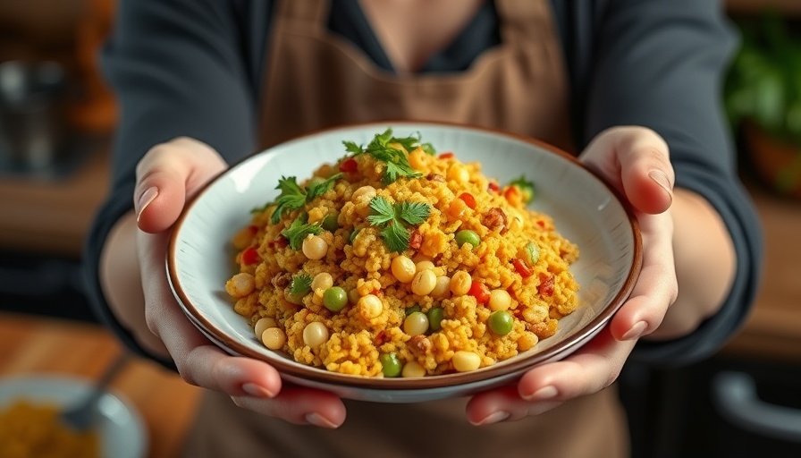 Person showcasing a mung bean egg scramble in a kitchen setting.