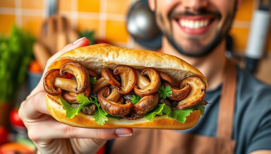 Vegan Po' Boy sandwich with trumpet mushrooms, kitchen background.
