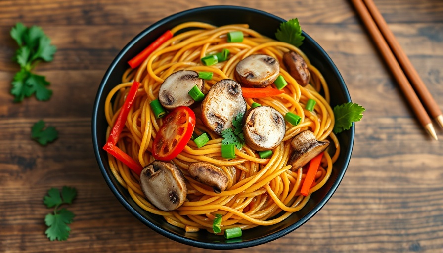 Vegan Mushroom Lo Mein in a black bowl with colorful vegetables.