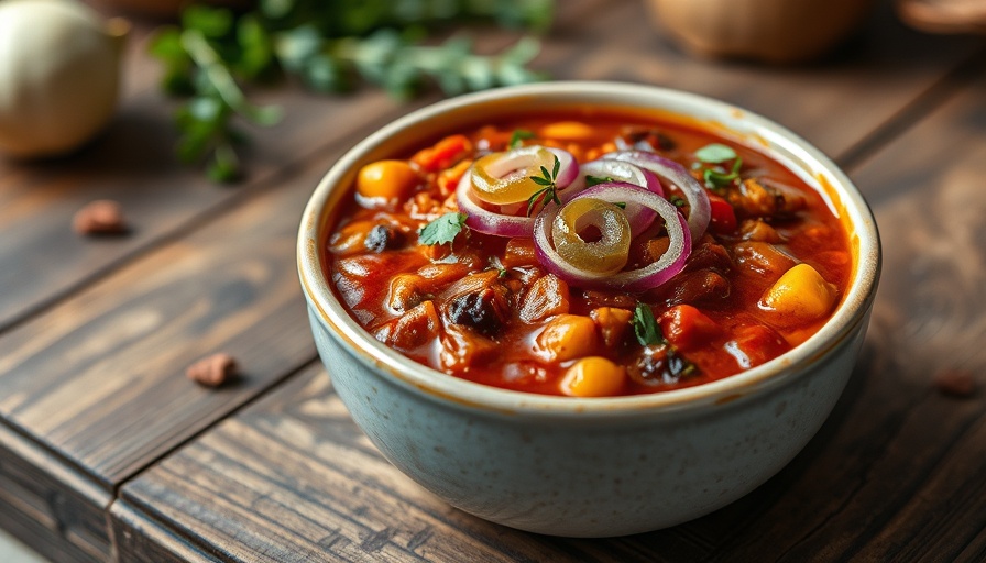 Delicious vegan chili recipe with toppings, vibrant colors, rustic table.