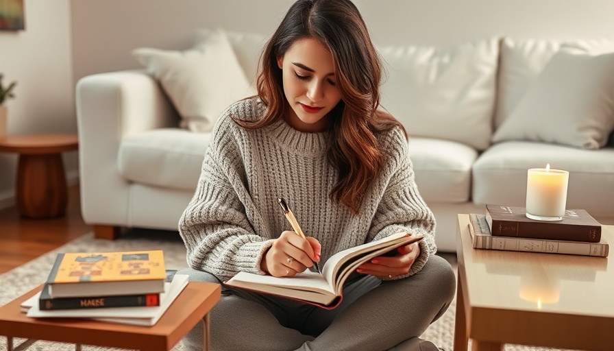 Relaxing activities at night: A young woman journals in a cozy living room.