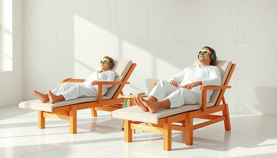 Relaxing wellness scene with two people on recliners wearing eye masks.