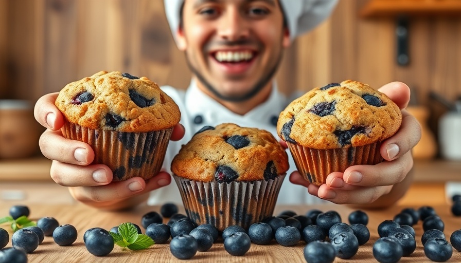 Easy plant-based blueberry muffins with smiling chef.