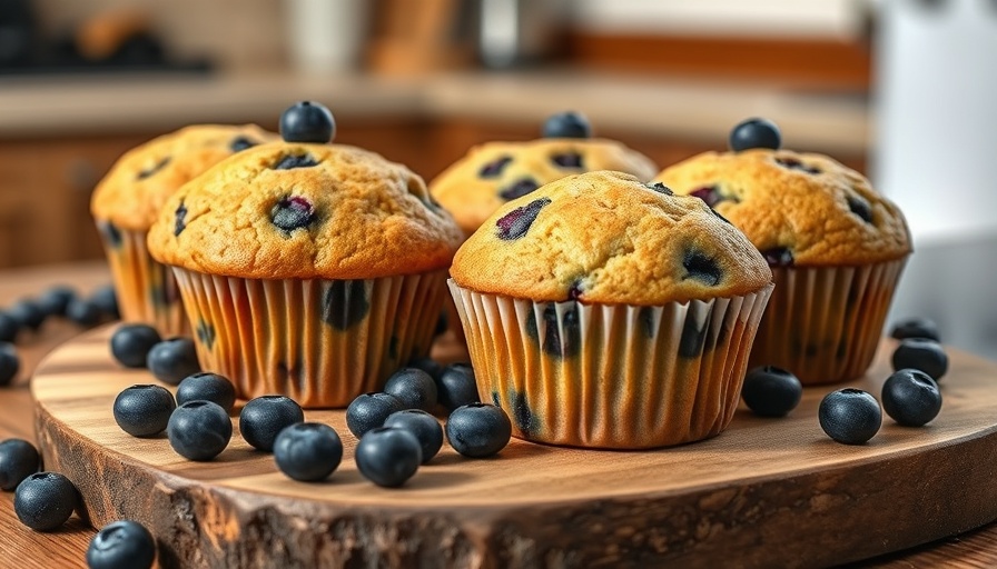 Golden-brown vegan blueberry muffins on rustic board