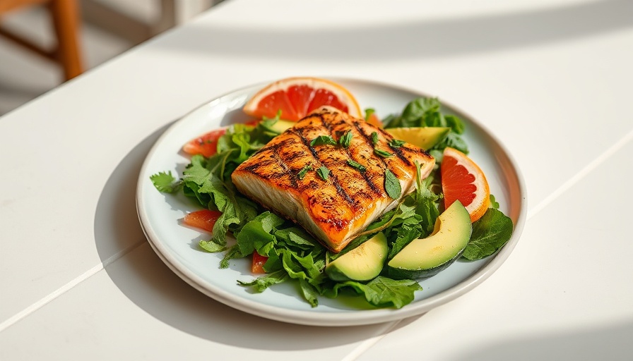 Clear skin diet: salmon and fresh salad on a ceramic plate.