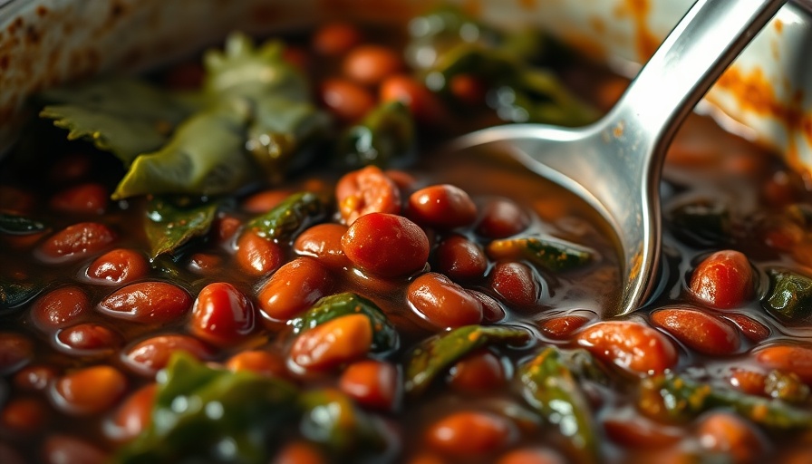 Red beans and collard greens simmering in a pot, warm kitchen lighting.