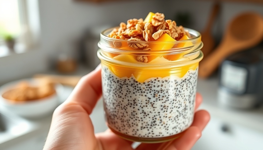 Mango chia seed pudding with granola in a jar, close-up view.