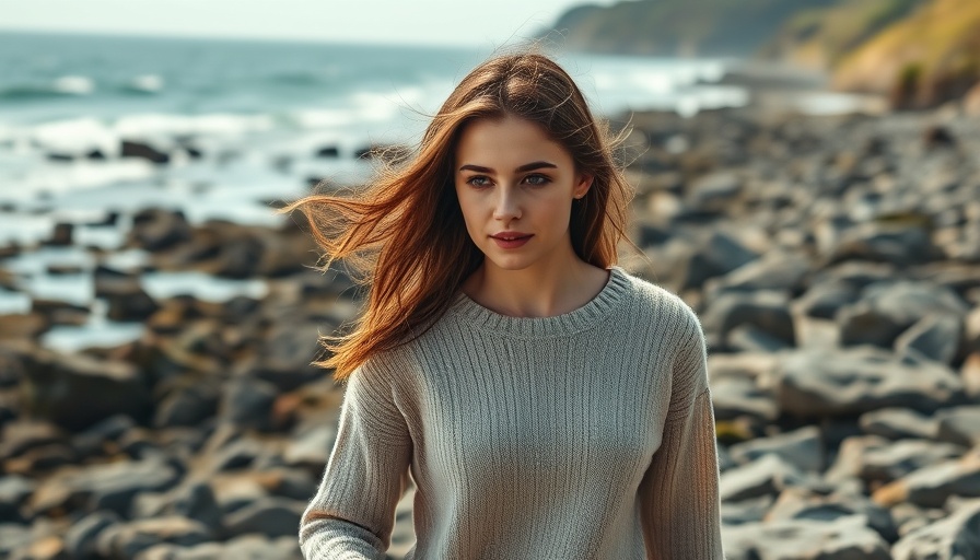 Young woman with wavy hair walking on rocky beach, warm lighting.
