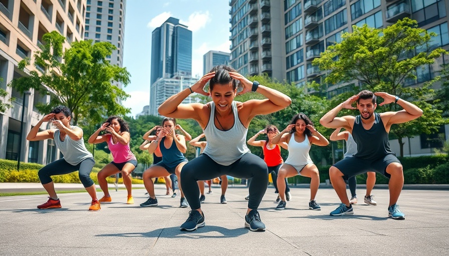 Group performing squats in urban park, 50 squats in 1 minute challenge.