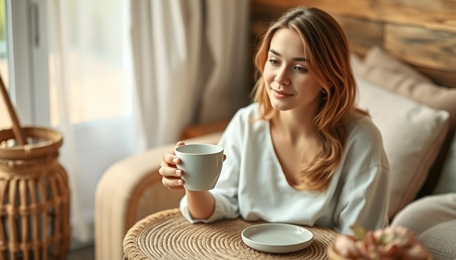 Woman sitting peacefully with tea in a cozy room, evoking tranquility.