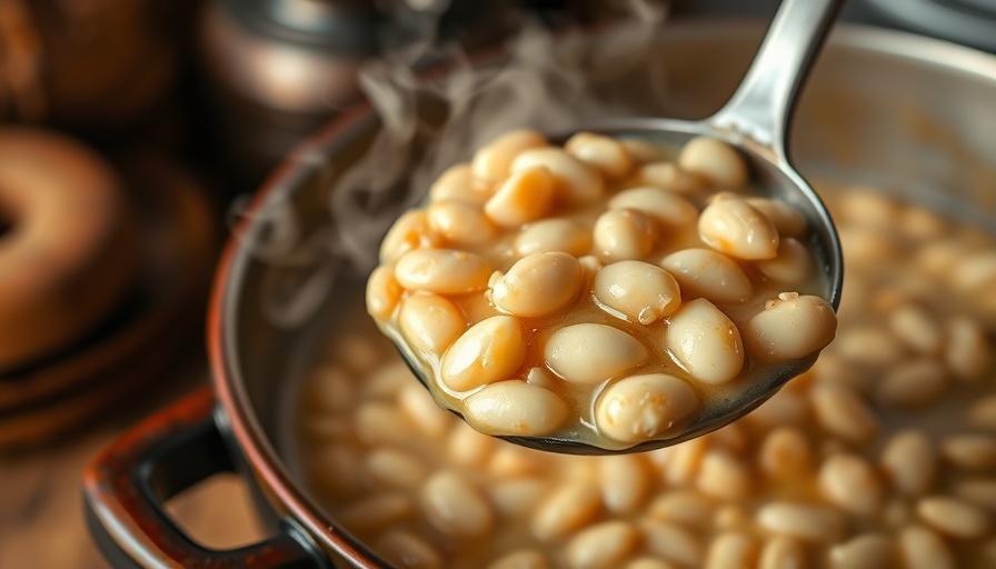 Hearty Southern-style white beans recipe in a ladle, ready to serve.