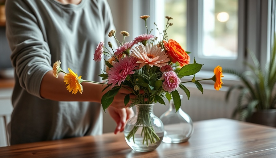 Person arranging flowers in vase indoors, natural light ambiance.