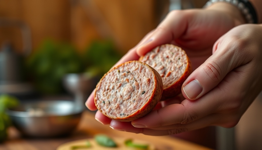 Close-up of hands holding a slice of homemade vegan sausage.