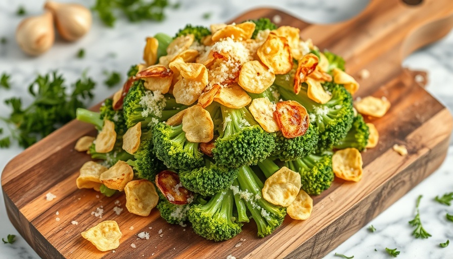 Vibrant broccoli Caesar salad with garlic chips and cheese on wooden board.