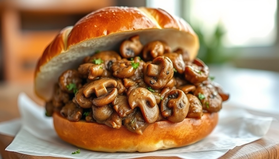 Vegan mushroom sloppy joe in a pretzel bun, close-up view.