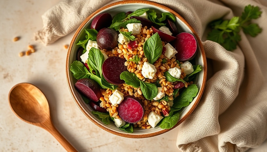 Delicious beet farro goat cheese salad with vibrant greens and textures.