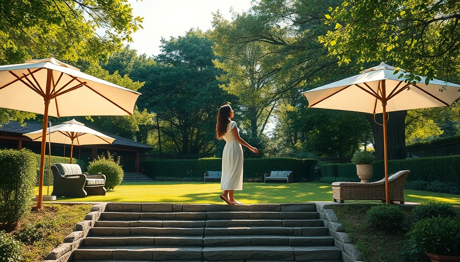 Tranquil garden with umbrellas and stone terrace - Pinterest garden ideas.