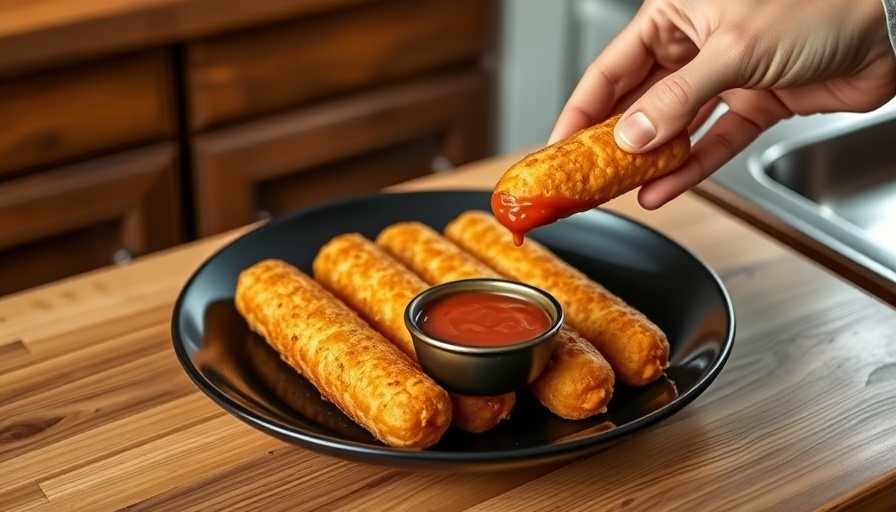 Delicious vegan corn dogs on a black plate with dipping sauces.