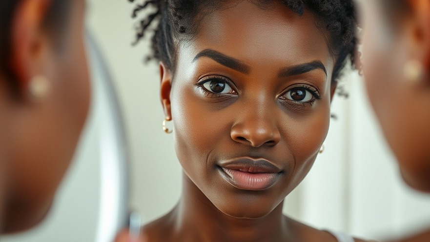 A radiant Black woman in her 30s admires her youthful skin, reflecting a healthy skincare routine.