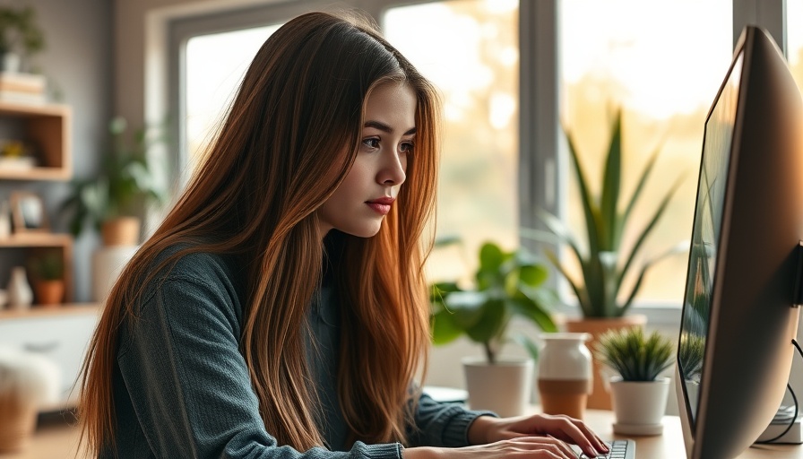 Woman practicing healthy habits at a cozy desk with plants.