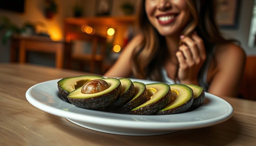 Sliced avocados with health tips, casual indoor setting.