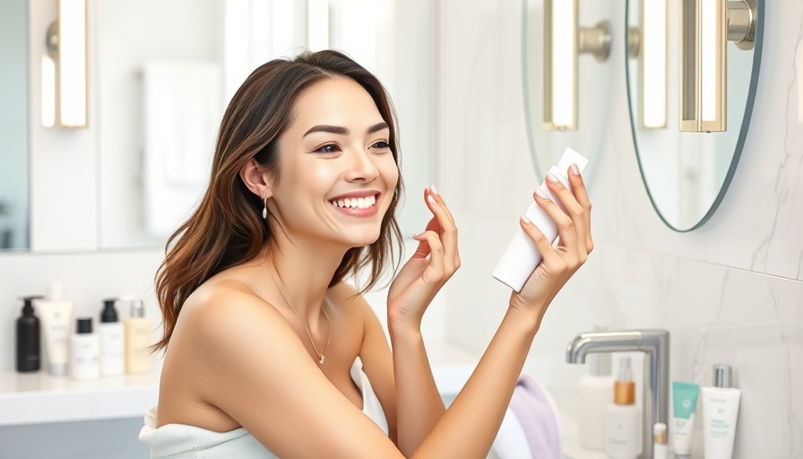 Woman in bright bathroom applying self-tanner, clean products visible.