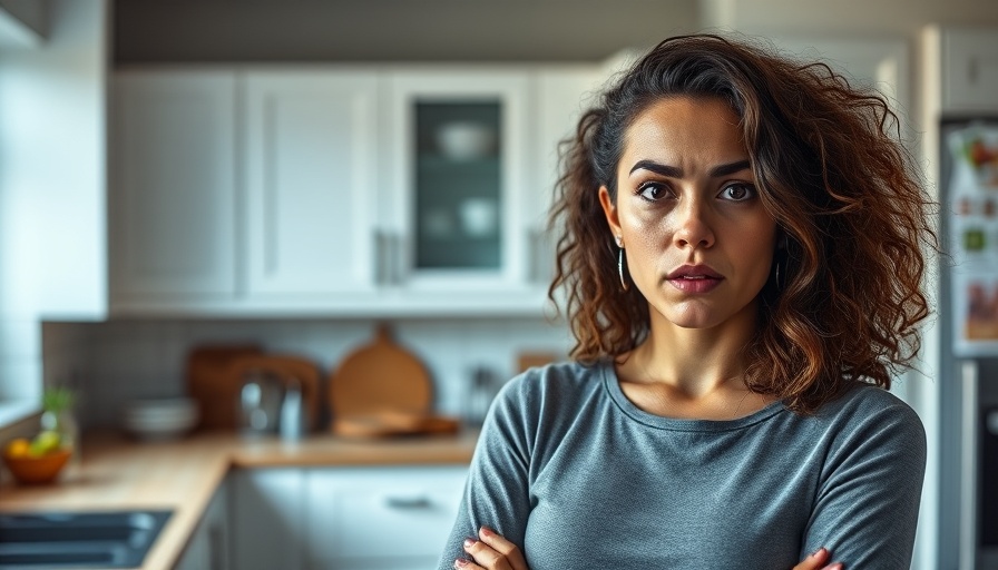 Frustrated woman in kitchen expressing weight loss struggle.