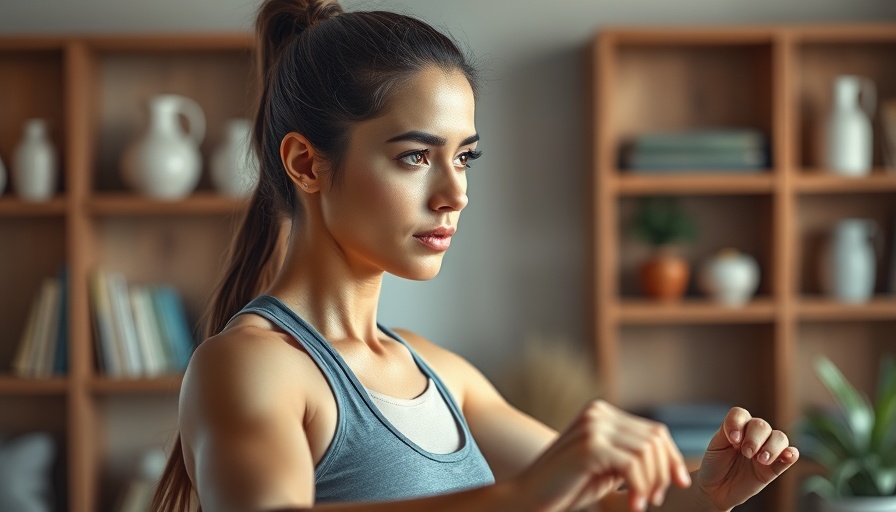 Woman demonstrating neck exercise to fix neck hump indoors