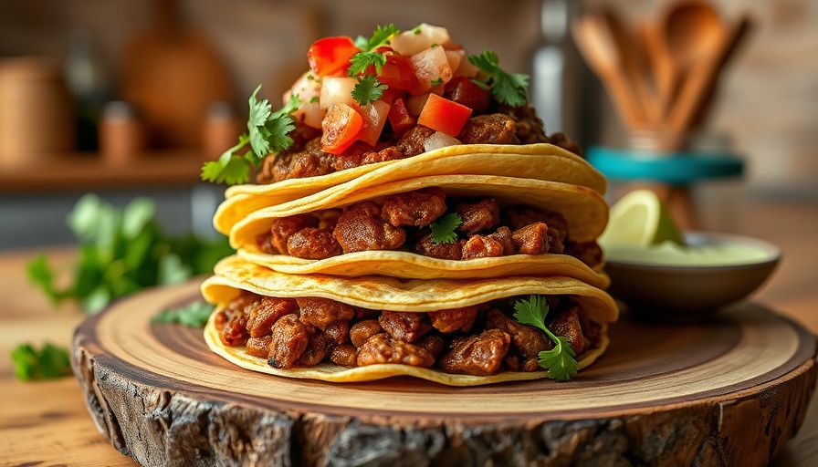 Tantalizing vegan birria tacos recipe on wooden platter.
